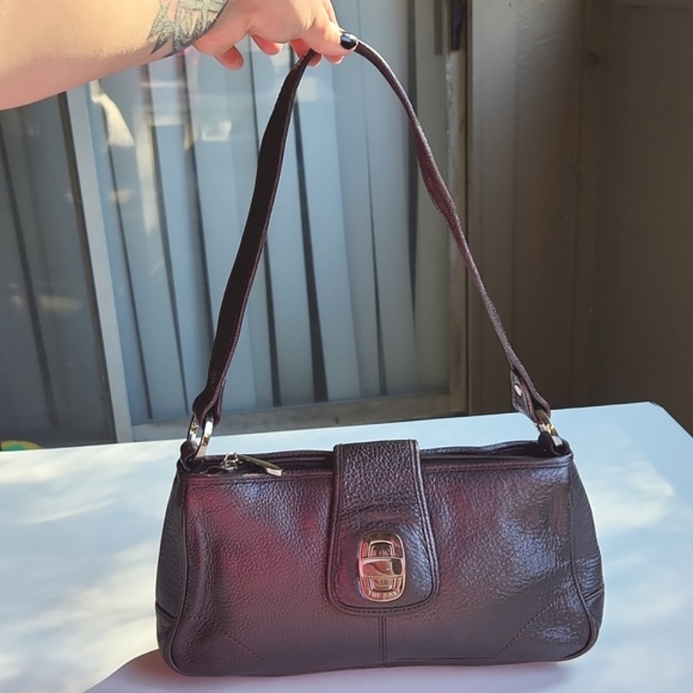 The Sak Pink Label Y2K Shoulder Bag - Pebbled Leather in Metallic Plum Color